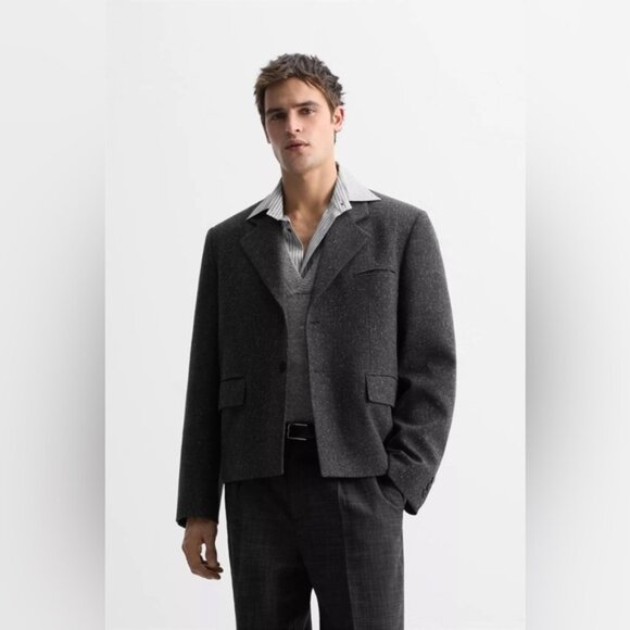 NWOT Zara Italian Manteco Wool TEXTURED BUTTON-UP SUIT...